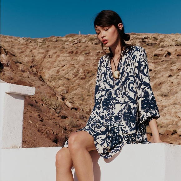 Zara Dresses & Skirts - Zara Short Navy Blue and White Bohemian Printed Dress Size: S